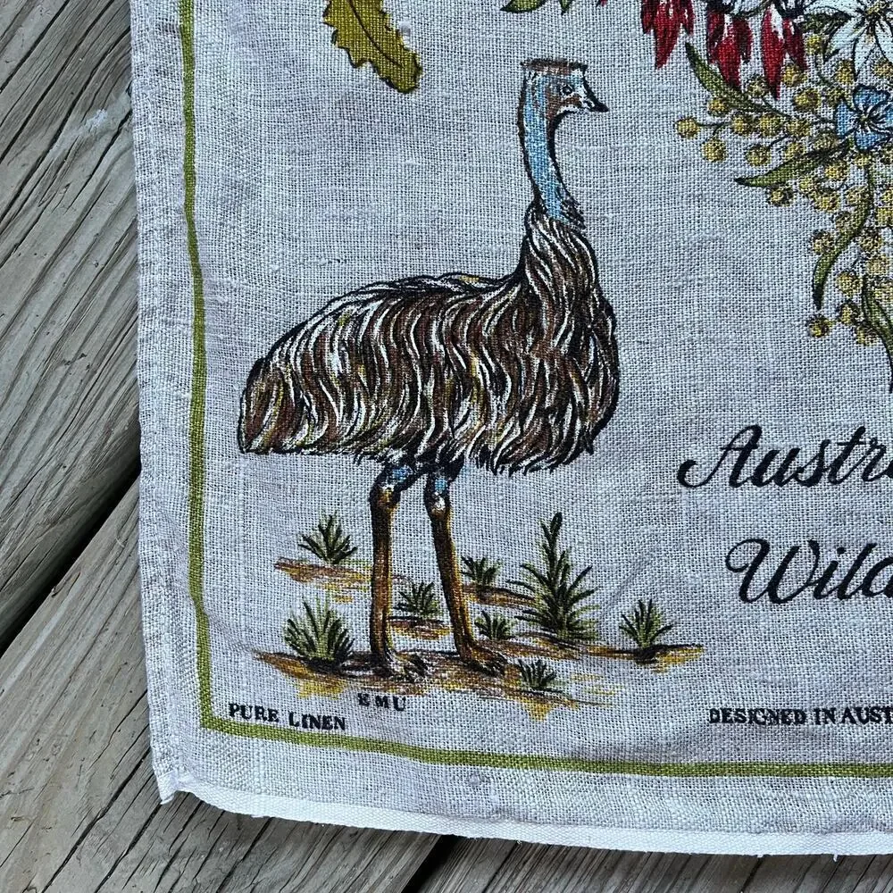 Australian Wildlife Themed Tea Towel Wall Hanging Collectible 100% Linen